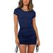 Casual Short Sleeve T-shirt Dress Sexy Bodycon Ruched Side Lace Up Wrap Dress Basic Solid O-neck Party Cub Mini Dress