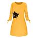 Women Fashion Printed Cat Animal Bow O Neck Long Sleeve Blouse Mini Dress