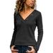 Women's V-neck Button Decoration Solid Color Blouses Long-Sleeved T-shirt