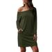 Women's Off Shoulder Dress Loose Tunics Long Sleeve Pocket Dress Casual Blouse Loose Round Neck Pullover Tunic Top Beach Wear Dresses Holidays Womens Loungewear