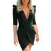 Women's V Neck 3/4 Sleeve Party Casual Lace Up Wrap Bodycon Work Mini Dress