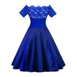 Plus Size Women Vintage Off Shoulder Lace Dress Short Sleeve Retro 50s 60s Rockabilly Evening Party Swing Prom Dresses