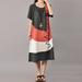 Suzicca Women Cotton Vintage Dress Contrast O Neck Short Sleeves Mid-Calf Length Casual Loose Dress Dark Grey/Watermelon Red