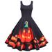 GadgetVLot Ladies Halloween Pumpkin Print Costume Swing Skater Dress Sleeveless Fancy Dress