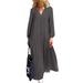 VONDA Women Plus Size Long Sleeve V Neck Casual Solid Loose Long Dress