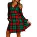 Womens V Neck A Line Dress Lace up Ruffles Long Sleeve Casual Swing Mini Dresses Ladies Elastic Cuff Plaid Party Dress