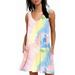 Women Summer T Shirts Dress With Pockets V Neck Beach Dress Boho Floral Printed Loose Tunic Short Mini Dress Pink S