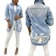 Women Denim Jacket Long Sleeve Lapel Button Down Ripped Jeans Coat Plus Size