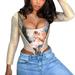 Women Bustier Corset Crop Tops Painting Long Sleeve/Sleeveless Slim Tee Tops