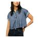 FREE PEOPLE Womens Navy Short Sleeve Collared Top Size L