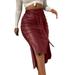 RUEWEY Women Faux Leather Midi Skirt High Waist Button Trim Bodycon Pencil Skirt with Belt