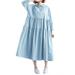 Womens Autumn Crew Neck Casual Shirt Dress Solid Cotton Pleated Party Dresses Long Sleeve Dresses