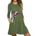 Womens Ladies Long Sleeve Print V-Neck Casual Loose Swing Crew Neck Short Dress