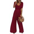 Women Summer Casual Loose Short Sleeve Playsuit Elastic Waist Wide Leg Pant Trousers Romper Jumpsuits