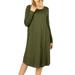 Womens & Plus Round Neck Long Sleeve Knee Length A-Line Swing Trapeze Dress (DK Olive, 1X)