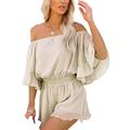 Women Off Shoulder Chiffon Romper Batwing Sleeve Siamese Trousers Ruffled Boho Beachwear