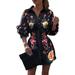 ZIYIXIN Women's Flower Printed Lantern Sleeve Dress Wild Casual Long Sleeve Lapel Shirt Dress