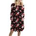 Ladies Christmas Print Midi Dress Women Cocktail Party Dress Xmas Gifts Plus Size Vocation Dresses Long Sleeve Round Neck Tunic Dress with Pockets