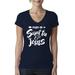 Raised on Sweet Tea and Jesus Humor Southern Womens Inspirational/Christian Slim Fit Junior V-Neck Tee, Navy, Large