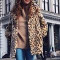 Winter Women Faux Fur Longline Coat Leopard Print Notched Collar Long Sleeve Jacket Parka Outerwear