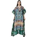 Exotic India Milky-Blue Long Kaftan with Digital-Printed Peacock Feathers and Embellished Crystals