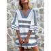 Women's Vintage 3/4 Flare Sleeve A-Line Party Dress Print Patchwork Mini Dress V Neck Ruffle Beach Dresses