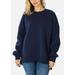 Womens Juniors Long Sleeve Fleece Sweatshirt Round Neckline High Low Hem Pullover Cozy Warm Navy Sweater 11004P
