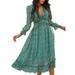 UKAP Women Sexy V Neck Long Sleeve Sundress Floral Printed Empire Waist Swing Dresses Size S-XL Green S