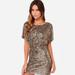 Meterk Women Sparkling Sequin Dress Split O-Neck Short Sleeves Bodycon Nightwear Cocktail Evening Party Mini Dresses