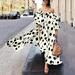 Women Fashion Polka Dot Printed Dress Cold Shoulder Lace Ruffle Bow Dress