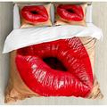 Lips Duvet Cover Set Queen Size, Female Gesture Woman Blowing a Kiss with Red Juicy Lipstick Illustration, 3 Piece Bedding Set with 2 Pillow Shams, Sand Brown and Scarlet, by Ambesonne