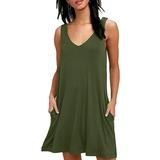 Women Sleeveless Tank Dress Casual V Neck Solid Loose Beach Tank A-line Pocket Dresses Ladies Summer T Shirt Dress Holiday Sundress Sexy Vest Mini Dress Army green L(12-14)