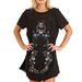 Besufy Boho Women Solid Short Sleeve Floral Embroidery Loose Blouse Mini Dress