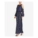 RALPH LAUREN Womens Navy Cold Shoulder Floral Burnout Cold Shoulder Gown Long Sleeve Jewel Neck Full Length Blouson Evening Dress Size: 12