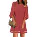 Women Casual Crewneck Mesh Panel 3/4 Bell Sleeve Loose Tunic Dress