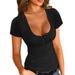 Bgmi Womens Basic Sexy Low Cut Button Down Tight Slim Fitted Tee tops T Shirts