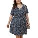 UKAP Plus Size Womens Summer Short Sleeve Printing Dress Elastic Waist Mini Dress Ladies Button Down Ruffle Hem Swing Dress Dark Blue XL(US 16-18)
