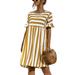 UKAP Women Summer Beach Loose Tunic Dress Striped Printed Flowy Dressed Flare Sleeve Pockets Sundress Yellow M=US 8-10