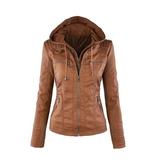 Cross-border explosion models European and American long-sleeved ladies leather jackets pu leather women's short coat women's jacket brown L