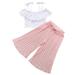 Wayren USA Infant Girl 2PCS Clothing Set Spaghetti Straps Off Shoulder Tassels White Tops+Belt Pleated Wide Leg Pink Pants