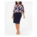 CONNECTED APPAREL Womens Navy Floral 3/4 Sleeve Jewel Neck Knee Length A-Line Wear To Work Dress Size 14W