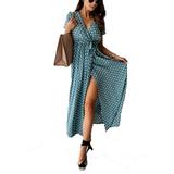 Women Polka Dot Print Cocktail Party Long Maxi Sundress Ladies V-Neck Casual Loose Wrap Summer Paisley Maxi Dress Ladies Cocktail Party Prom Gown Dress