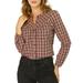 Allegra K Women's Plaid Button Down Puff Sleeves Collarless Shirts