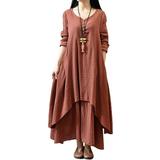 HIMONE Long Sleeve Solid Color Tunic Dress For Lady V-Neck Button Down Maxi Dress Womens Ruffle Pleated T Shirt Dress Irregular Hem Fake Two Piece Dress Plus Size