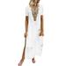 RYDCOT Women Print V-neck Side Slit Bohemian Dresses Shift Boho Maxi Dress White L