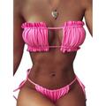 Listenwind Womens Girls Strapless Ribbed Tie Back Ruffle Cutout Bandeau Bikini Set Swimsuit