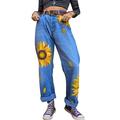 UKAP Women Jeans High Rise Casual Wide Leg Denim Pants With Pockets Ladies Fashion Loose Sunflower Printed Jeans Trousers Zipper
