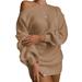 Sunisery Women Lantern Sleeve Off Shoulder Sweater Dress, Oblique Shoulder Solid Color Knitted Dress