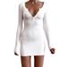 Women Deep V Sexy Neck Women Bandage Dress Full Sleeves Celebrity Bodycon Dress Sexy Club Vestidos Evening Party Dresses White S