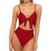 Fashion Womens Spaghetti Strap Tie Knot Front Cutout High Cut One Piece Swimsuit